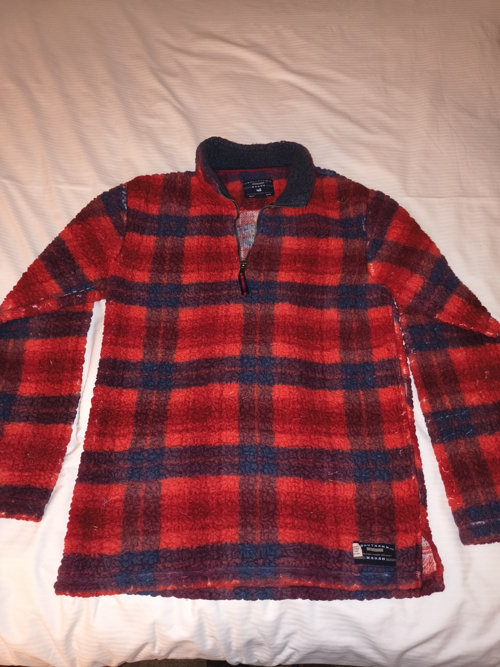 Southern Marsh Red and Navy Plaid Fleece Quarter-Zip Sweater